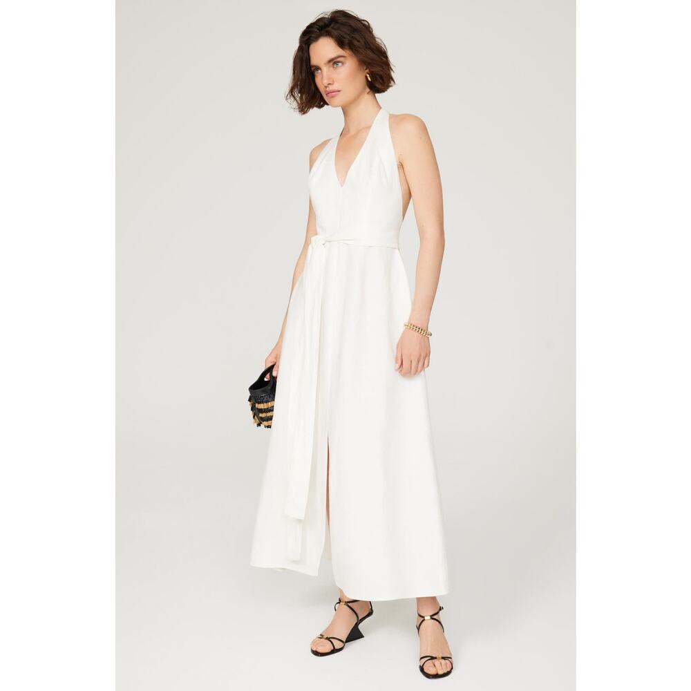 Saunders Collective Halter Dress White Linen Open Back Self Tie Sleeveless Sz 0